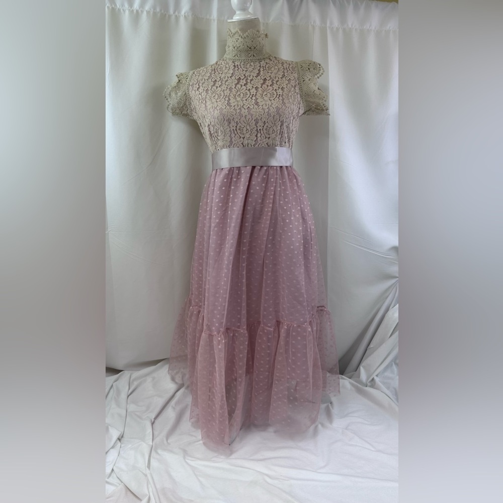 Patchwork Lace Half Crochet Mock Turtleneck Polka Dot Mesh Dress Size Medium